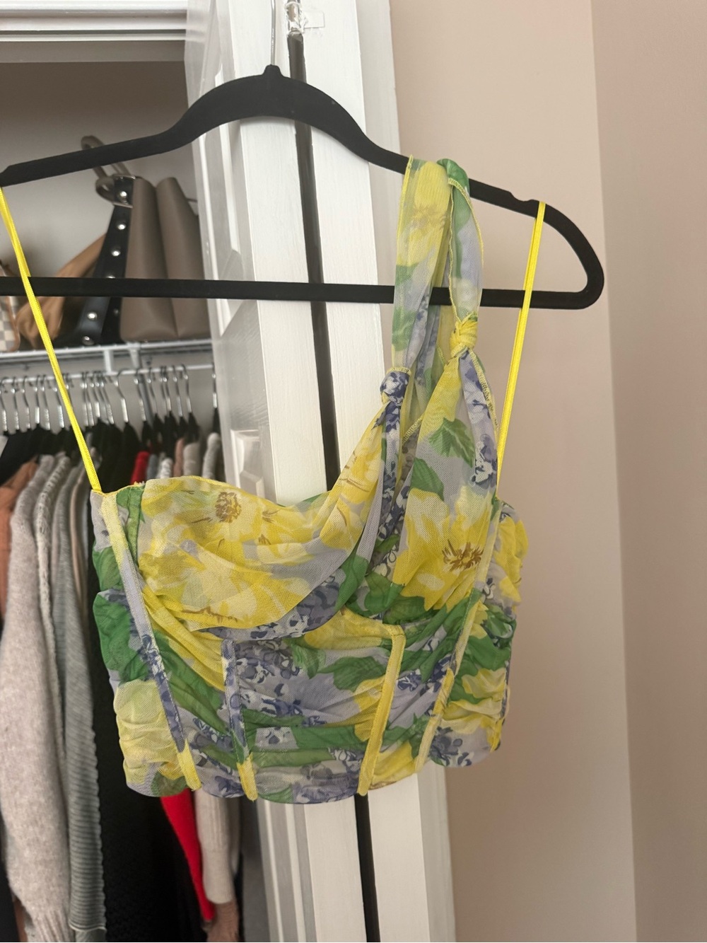 Zara Yellow Floral Ruched One-Shoulder Camisole with Green Accents